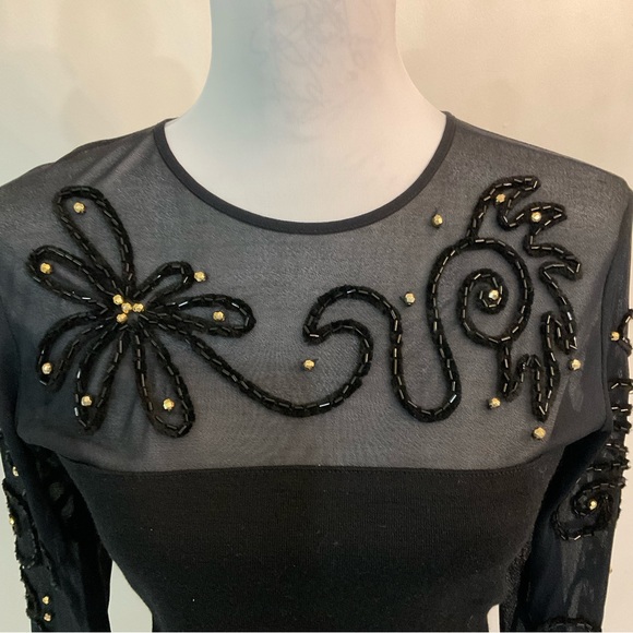 ANDREA JOVINE 100% WOOL BODY MESH TOP WITH ROPING FLOWER BEADING NWOT SIZE M - Picture 2 of 9